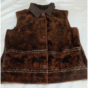Tsunami Fleece Vest Women Medium Brown Excellent Horse Print Sherpa Button Front